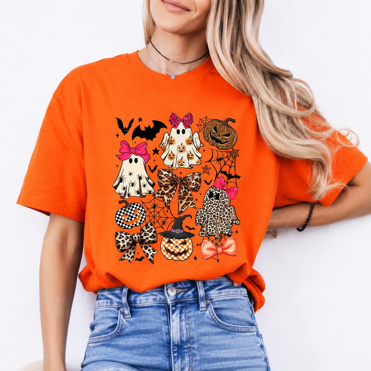 Coquette Halloween Spooky Bows Ghosts Sweatshirt and T-Shirt Spooky Season Fall Women Cute Leopard Retro Graphic