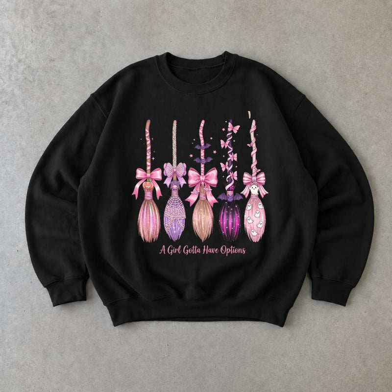 Coquette Halloween Sweatshirt A Girl Gotta Have Options Spooky Season Women Cute Pink Witchy Bow Design