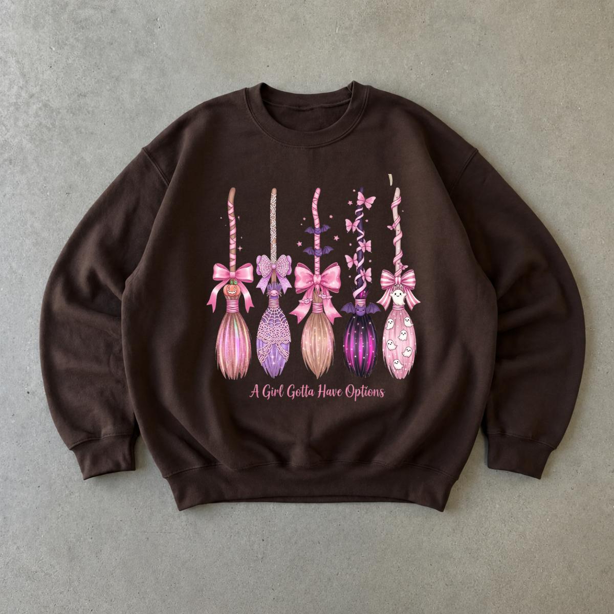 Coquette Halloween Sweatshirt A Girl Gotta Have Options Spooky Season Women Cute Pink Witchy Bow Design