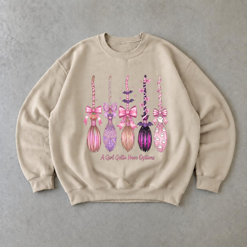 Coquette Halloween Sweatshirt A Girl Gotta Have Options Spooky Season Women Cute Pink Witchy Bow Design