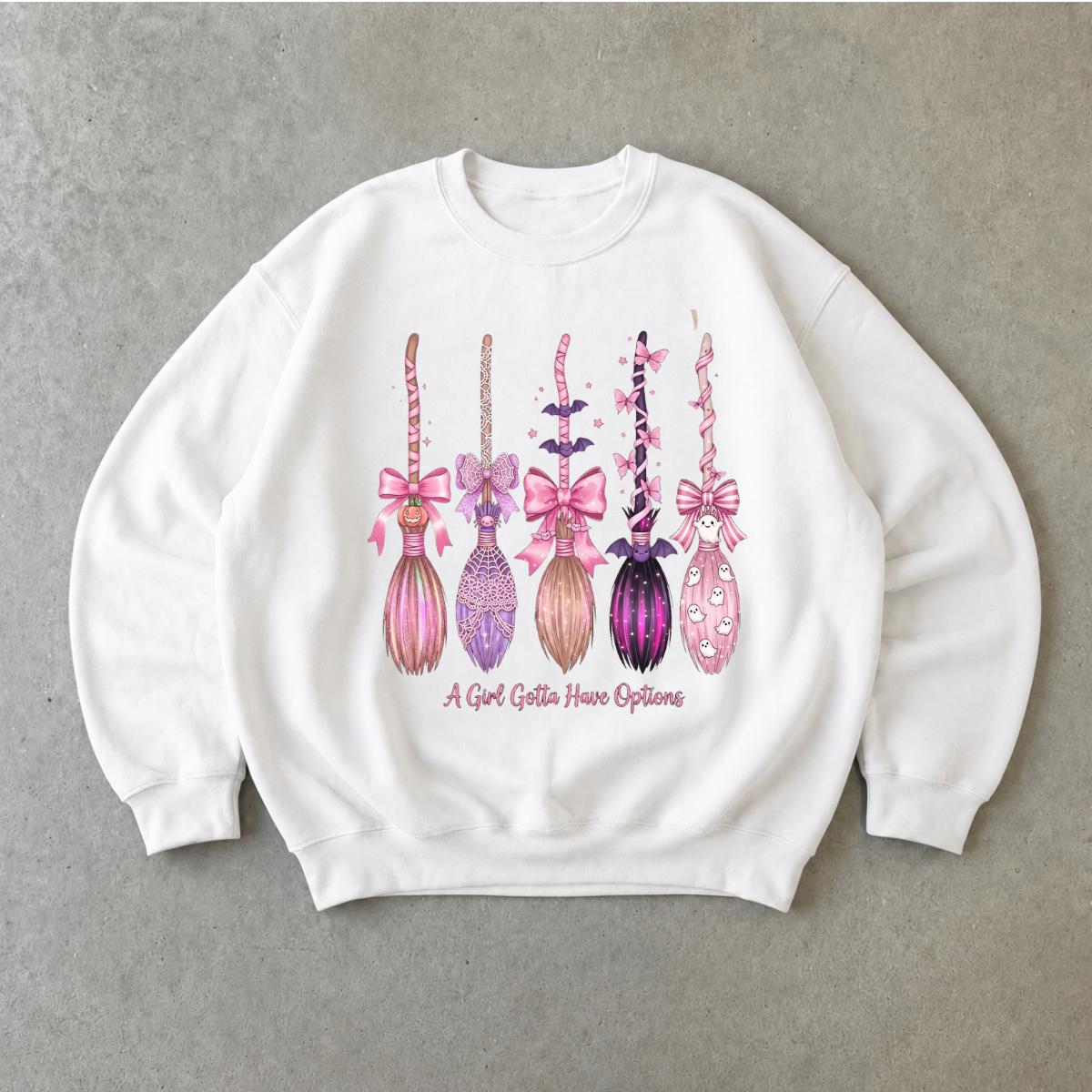 Coquette Halloween Sweatshirt A Girl Gotta Have Options Spooky Season Women Cute Pink Witchy Bow Design
