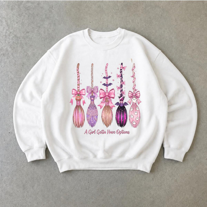 Coquette Halloween Sweatshirt A Girl Gotta Have Options Spooky Season Women Cute Pink Witchy Bow Design