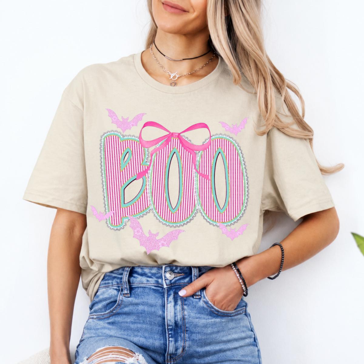 Coquette Halloween Sweatshirt and T-Shirt Pink Bow Boo Spooky Season Women Cute Preppy