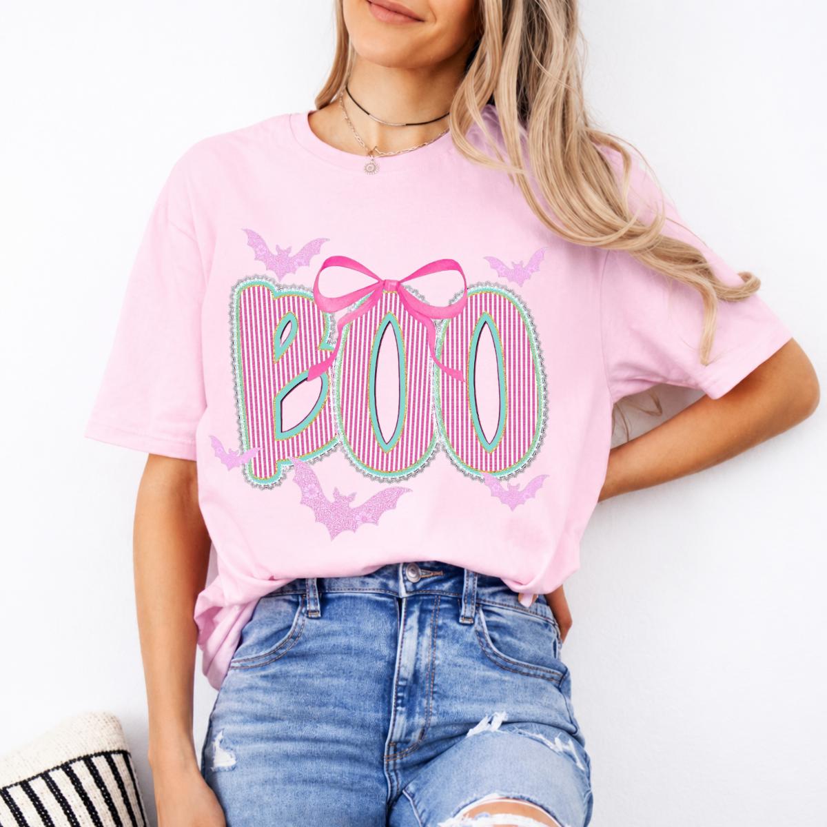 Coquette Halloween Sweatshirt and T-Shirt Pink Bow Boo Spooky Season Women Cute Preppy