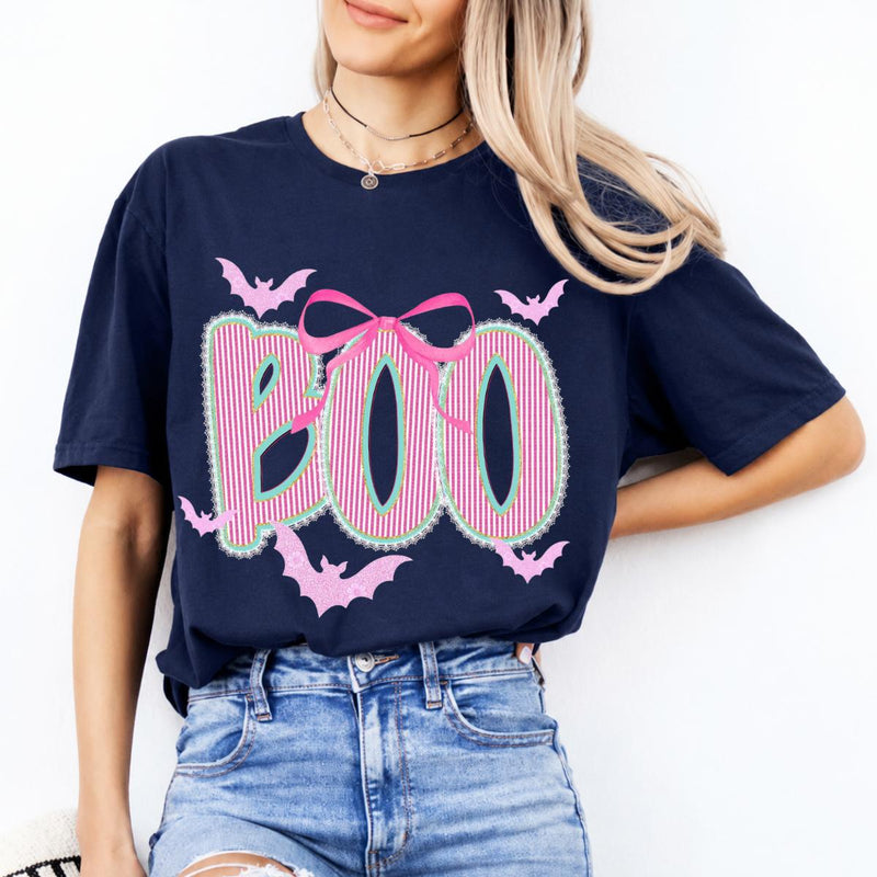 Coquette Halloween Sweatshirt and T-Shirt Pink Bow Boo Spooky Season Women Cute Preppy