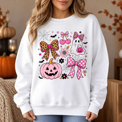 Coquette Halloween Sweatshirt Pink Ghost Pumpkin Bow Shirt Cute Spooky Season Girly Leopard Tee