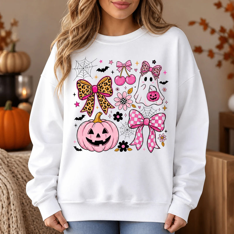 Coquette Halloween Sweatshirt Pink Ghost Pumpkin Bow Shirt Cute Spooky Season Girly Leopard Tee