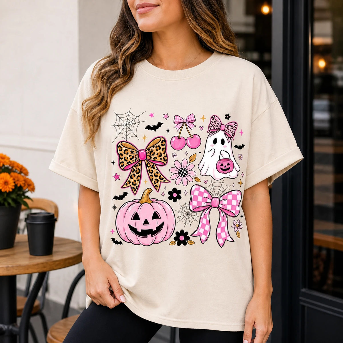 Coquette Halloween Sweatshirt Pink Ghost Pumpkin Bow Shirt Cute Spooky Season Girly Leopard Tee