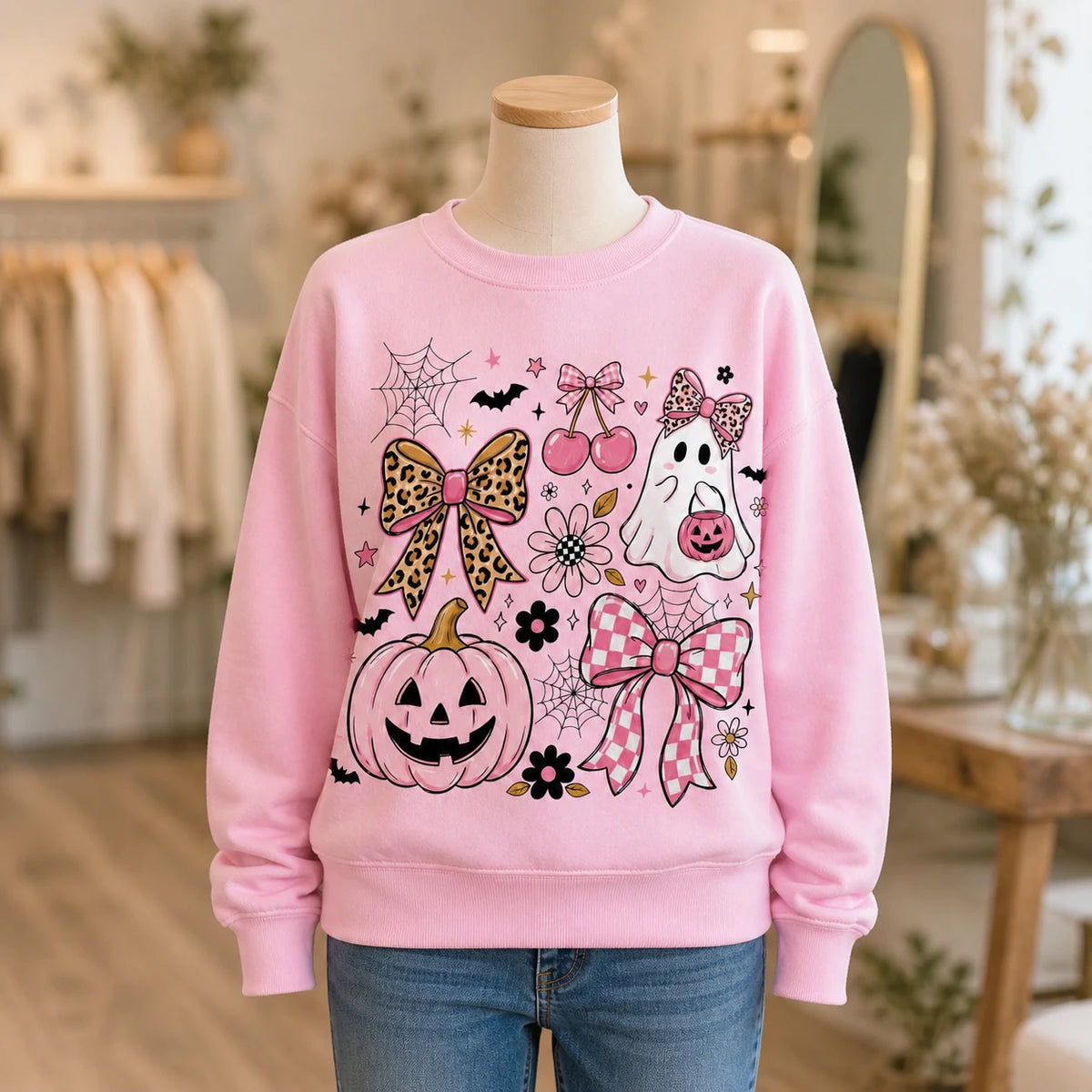 Coquette Halloween Sweatshirt Pink Ghost Pumpkin Bow Shirt Cute Spooky Season Girly Leopard Tee