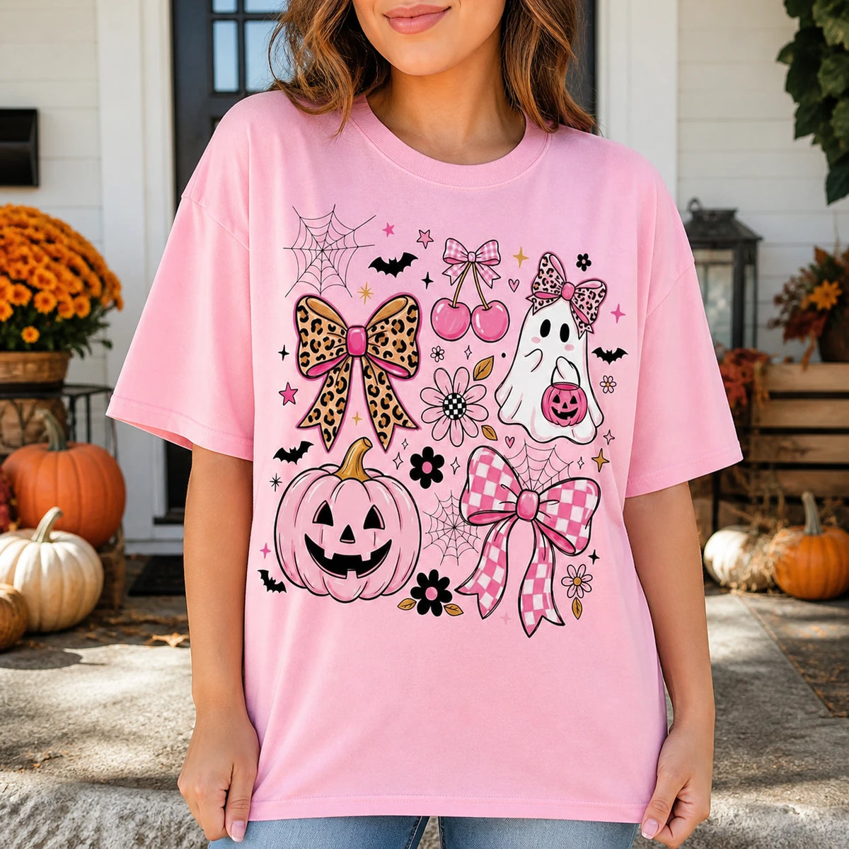 Coquette Halloween Sweatshirt Pink Ghost Pumpkin Bow Shirt Cute Spooky Season Girly Leopard Tee