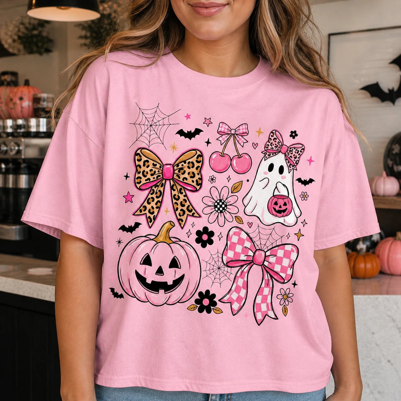 Coquette Halloween Sweatshirt Pink Ghost Pumpkin Bow Shirt Cute Spooky Season Girly Leopard Tee