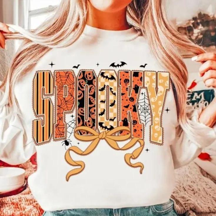 Coquette Halloween Sweatshirt SPOOKY Bow Fall Autumn Women Cute Retro