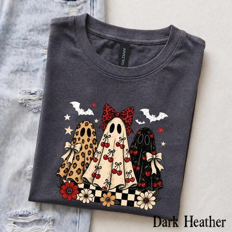 Coquette Halloween T-Shirt Retro Ghost Trio with Cherry Bows Fall Spooky Season Women Cute Aesthetic