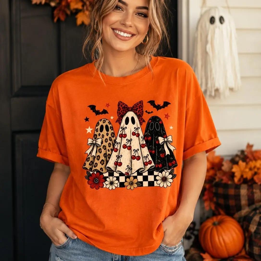 Coquette Halloween T-Shirt Retro Ghost Trio with Cherry Bows Fall Spooky Season Women Cute Aesthetic