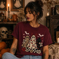 Coquette Halloween T-Shirt Retro Ghost Trio with Cherry Bows Fall Spooky Season Women Cute Aesthetic