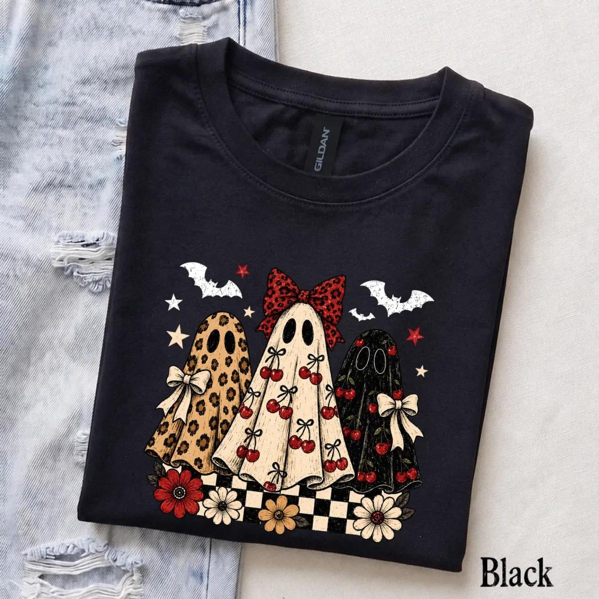Coquette Halloween T-Shirt Retro Ghost Trio with Cherry Bows Fall Spooky Season Women Cute Aesthetic