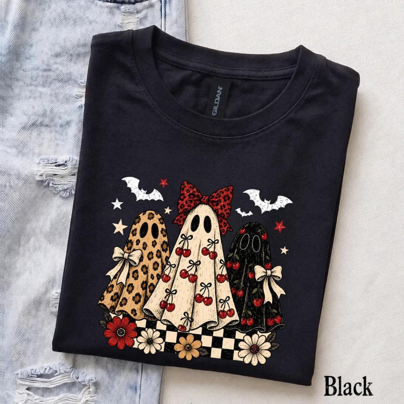 Coquette Halloween T-Shirt Retro Ghost Trio with Cherry Bows Fall Spooky Season Women Cute Aesthetic