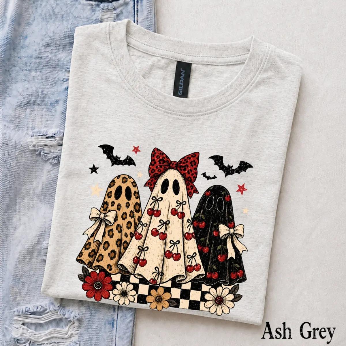 Coquette Halloween T-Shirt Retro Ghost Trio with Cherry Bows Fall Spooky Season Women Cute Aesthetic