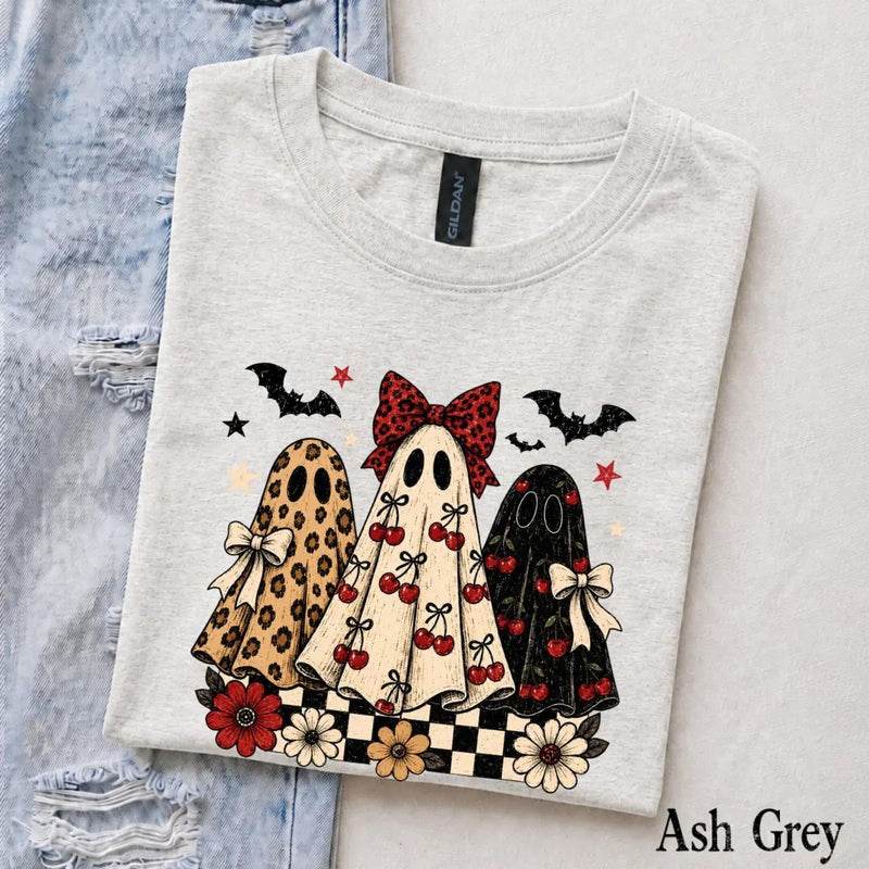 Coquette Halloween T-Shirt Retro Ghost Trio with Cherry Bows Fall Spooky Season Women Cute Aesthetic