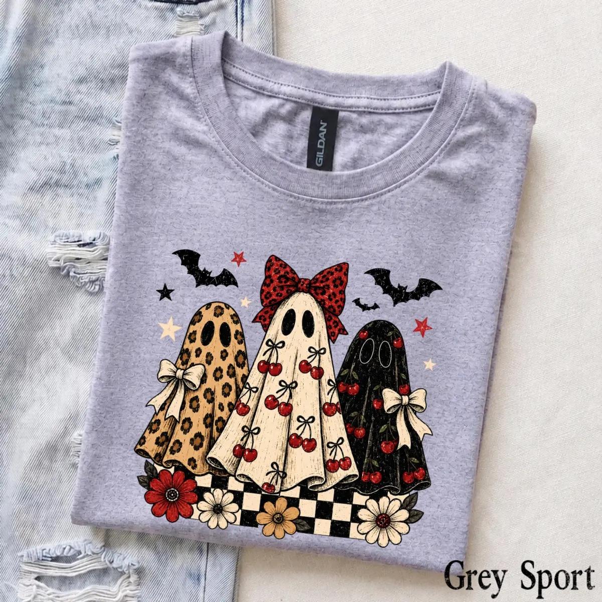 Coquette Halloween T-Shirt Retro Ghost Trio with Cherry Bows Fall Spooky Season Women Cute Aesthetic