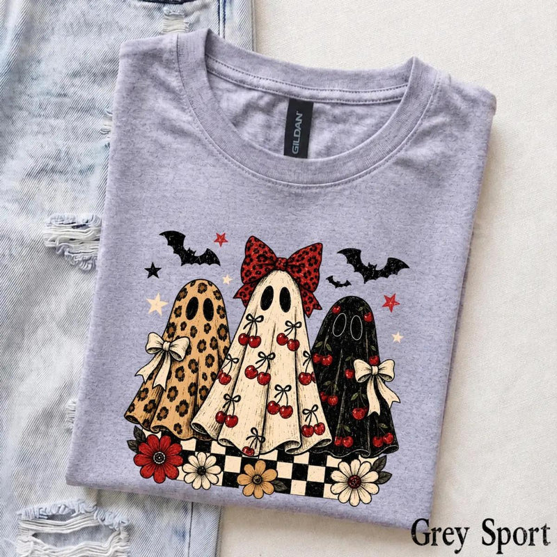Coquette Halloween T-Shirt Retro Ghost Trio with Cherry Bows Fall Spooky Season Women Cute Aesthetic