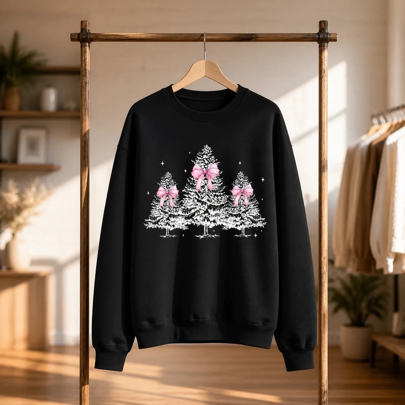 Coquette Pink Bow Christmas Tree Sweatshirt for Women Holiday Season