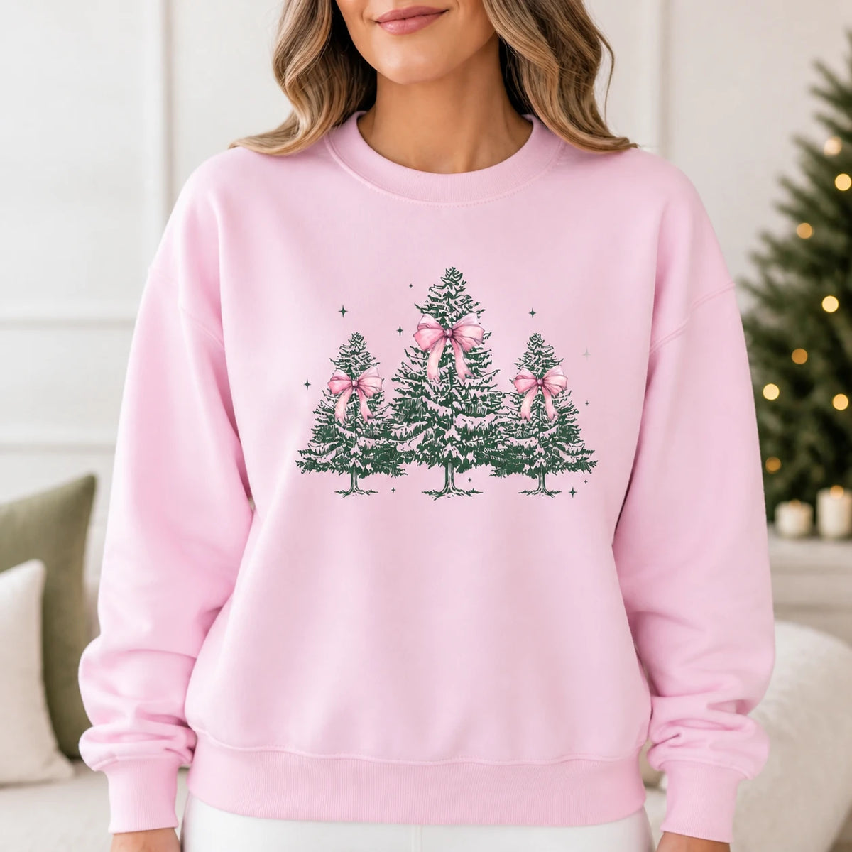 Coquette Pink Bow Christmas Tree Sweatshirt for Women Holiday Season