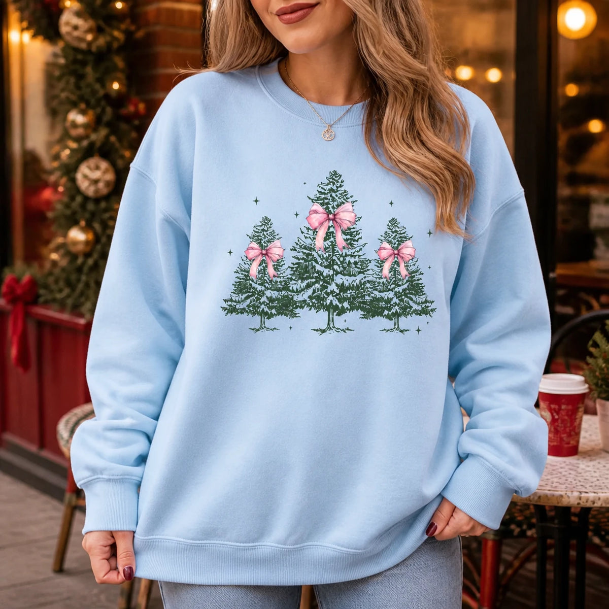 Coquette Pink Bow Christmas Tree Sweatshirt for Women Holiday Season
