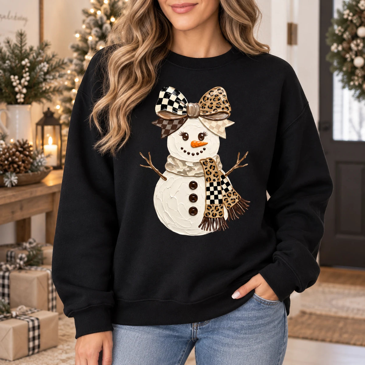 Coquette Snowman Bow Sweatshirt Cute Leopard Checkered Holiday Graphic Pullover Festive Winter Crewneck