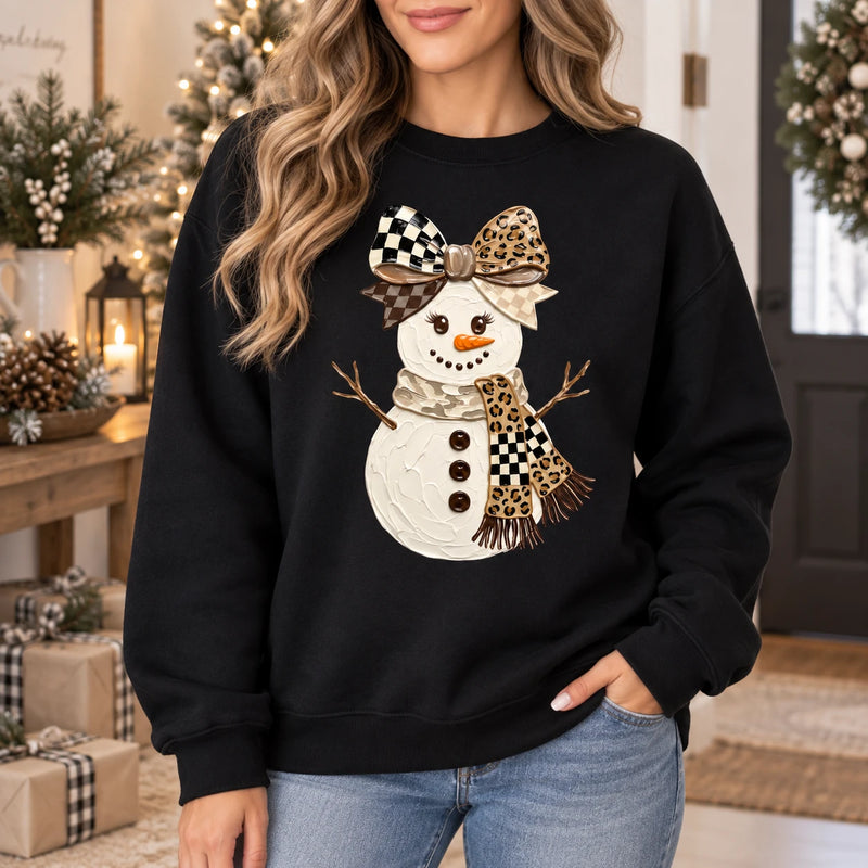 Coquette Snowman Bow Sweatshirt Cute Leopard Checkered Holiday Graphic Pullover Festive Winter Crewneck