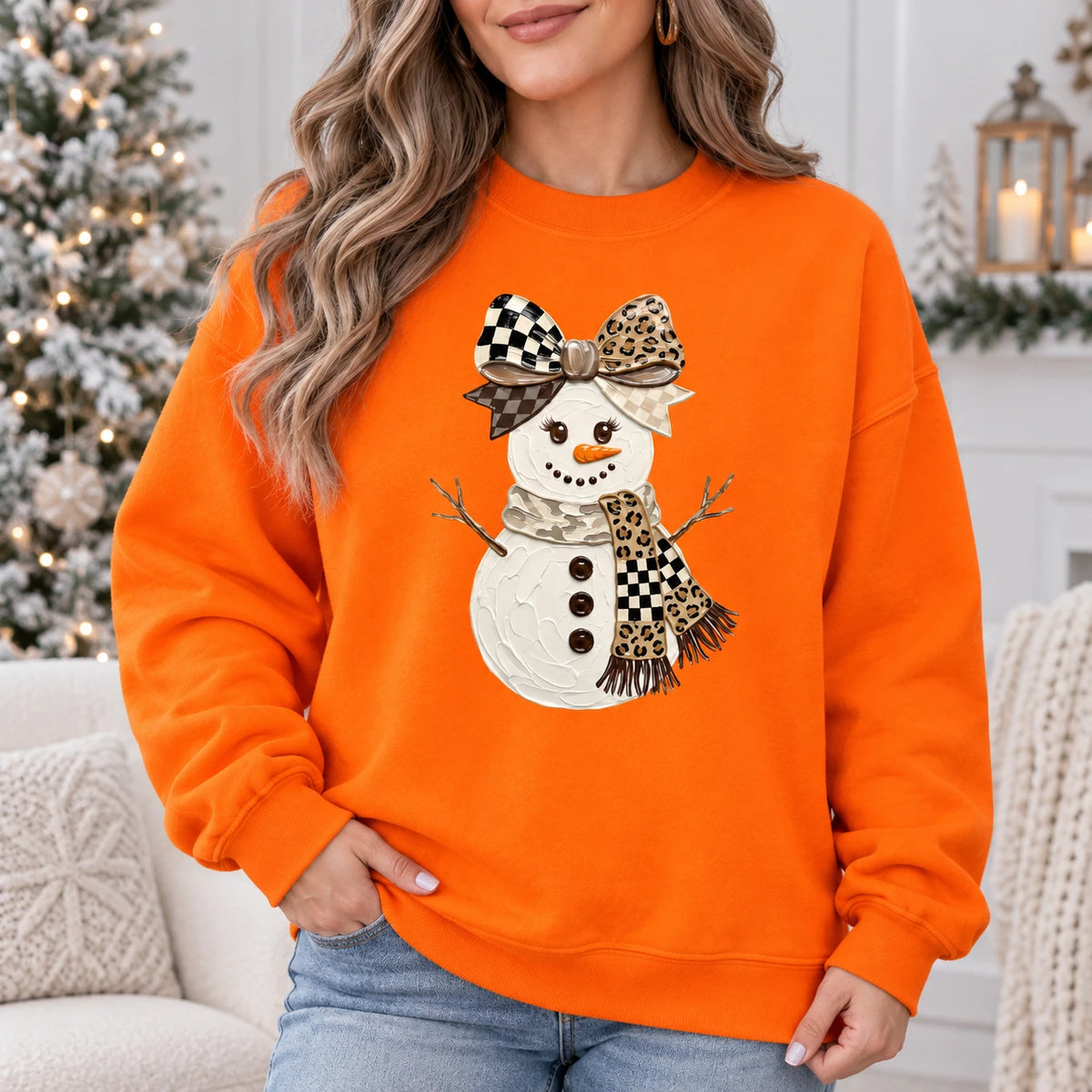 Coquette Snowman Bow Sweatshirt Cute Leopard Checkered Holiday Graphic Pullover Festive Winter Crewneck