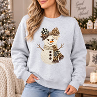 Coquette Snowman Bow Sweatshirt Cute Leopard Checkered Holiday Graphic Pullover Festive Winter Crewneck