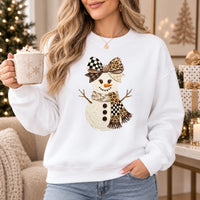 Coquette Snowman Bow Sweatshirt Cute Leopard Checkered Holiday Graphic Pullover Festive Winter Crewneck