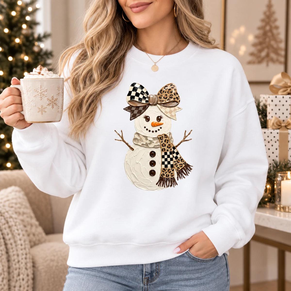Coquette Snowman Bow Sweatshirt Cute Leopard Checkered Holiday Graphic Pullover Festive Winter Crewneck
