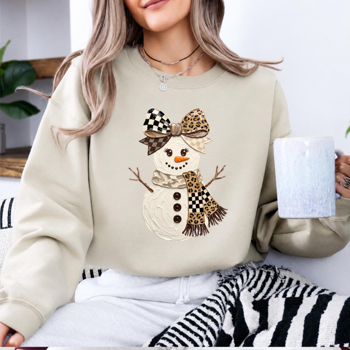 Coquette Snowman Sweatshirt, Leopard Bow Christmas, Cute Winter, Trendy Holiday Graphic Gift for Women