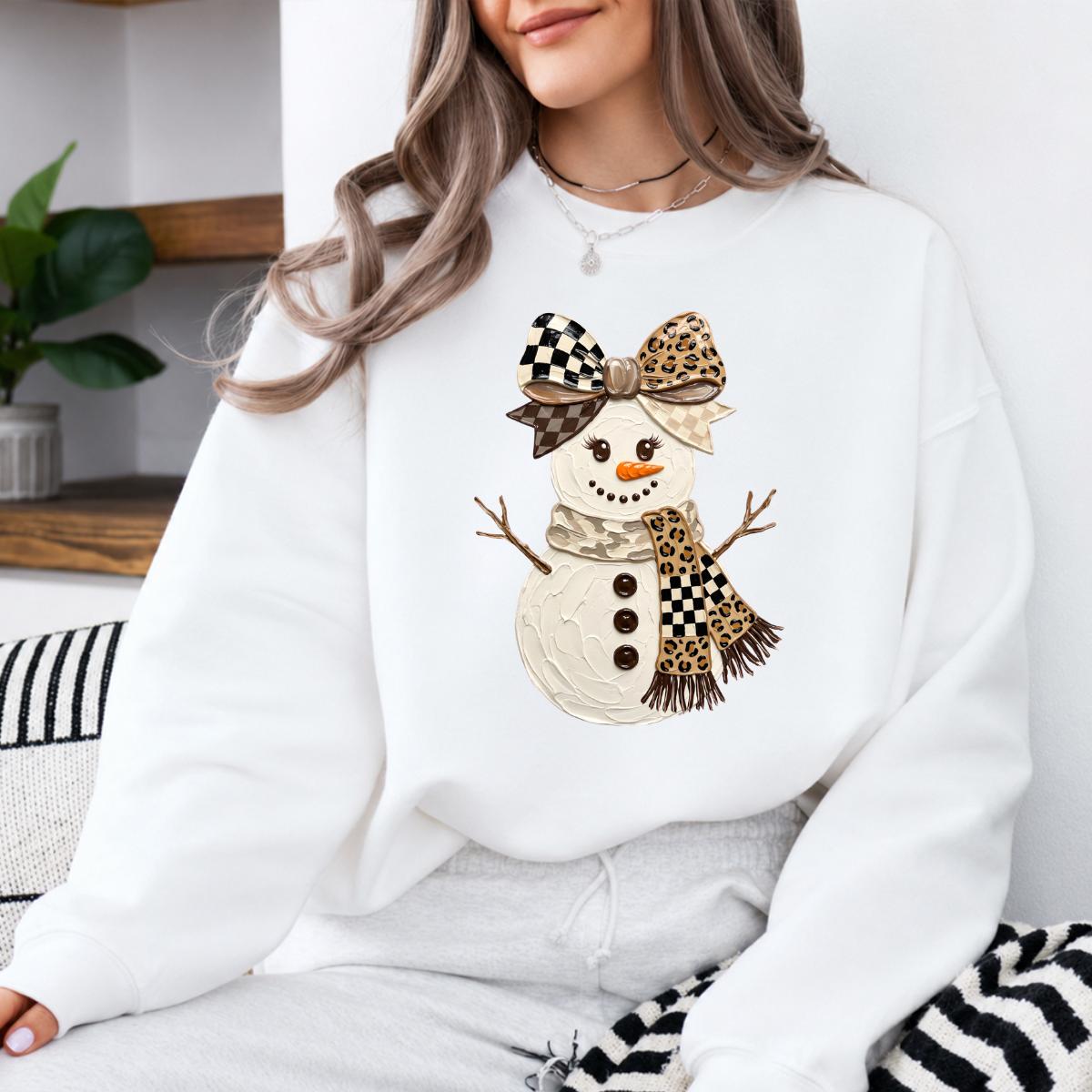Coquette Snowman Sweatshirt, Leopard Bow Christmas, Cute Winter, Trendy Holiday Graphic Gift for Women