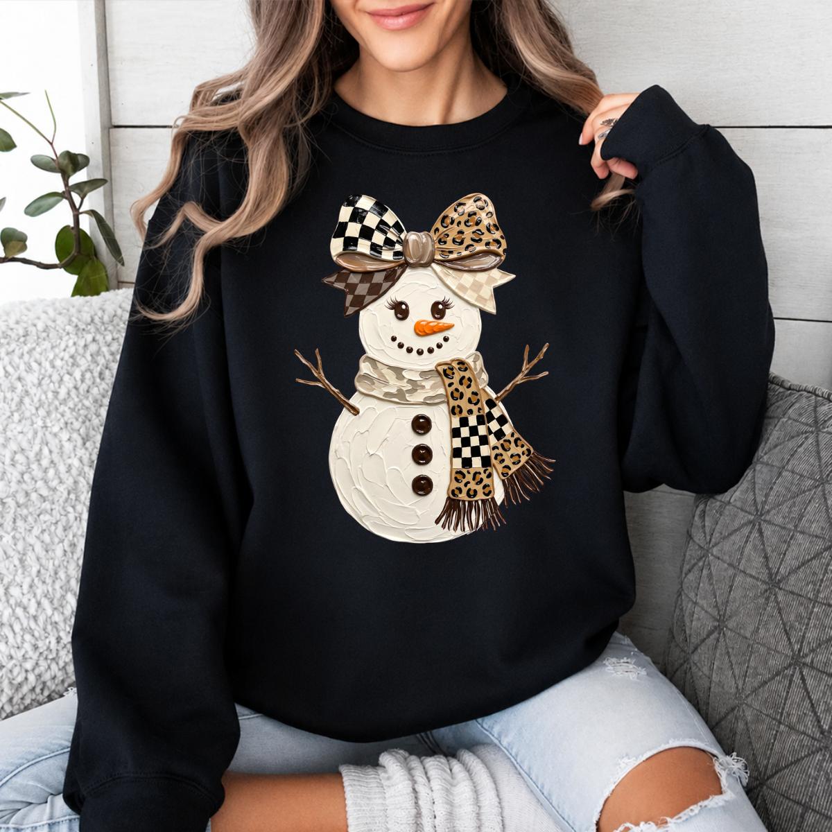 Coquette Snowman Sweatshirt, Leopard Bow Christmas, Cute Winter, Trendy Holiday Graphic Gift for Women