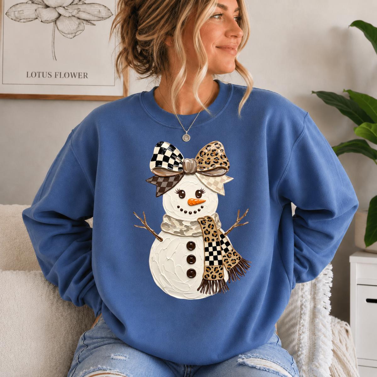 Coquette Snowman Sweatshirt, Leopard Bow Christmas, Cute Winter, Trendy Holiday Graphic Gift for Women