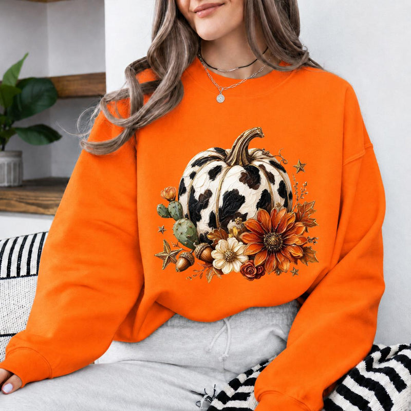 Cow Print Pumpkin Fall Rustic Western Pumpkin Sweatshirt and T-Shirt Fall Thanksgiving Women Floral Design