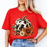 Cow Print Pumpkin Fall Rustic Western Pumpkin Sweatshirt and T-Shirt Fall Thanksgiving Women Floral Design