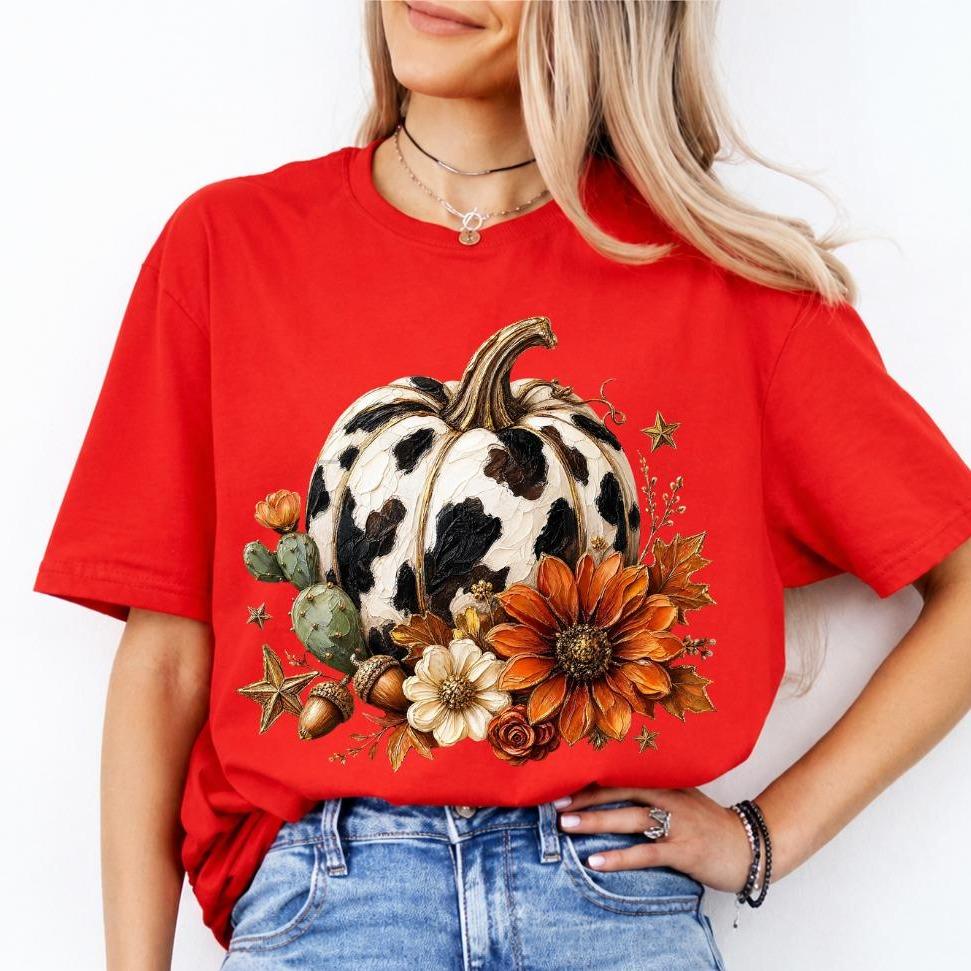 Cow Print Pumpkin Fall Rustic Western Pumpkin Sweatshirt and T-Shirt Fall Thanksgiving Women Floral Design