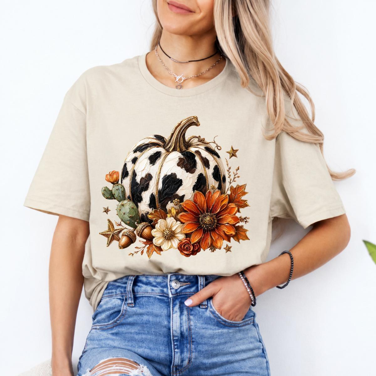 Cow Print Pumpkin Fall Rustic Western Pumpkin Sweatshirt and T-Shirt Fall Thanksgiving Women Floral Design