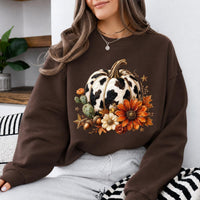 Cow Print Pumpkin Fall Rustic Western Pumpkin Sweatshirt and T-Shirt Fall Thanksgiving Women Floral Design