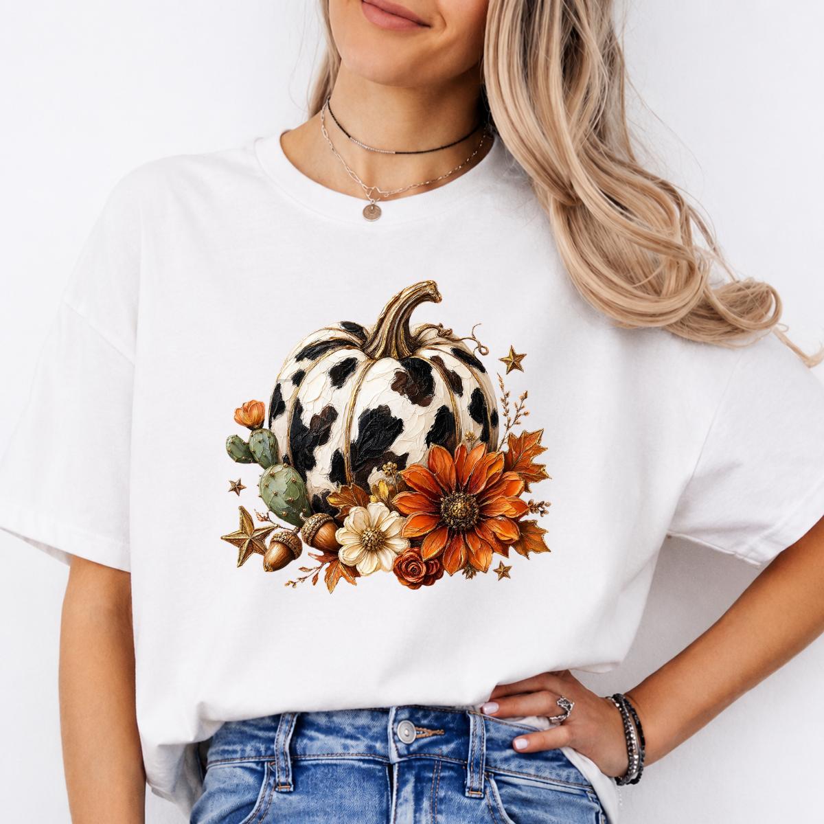 Cow Print Pumpkin Fall Rustic Western Pumpkin Sweatshirt and T-Shirt Fall Thanksgiving Women Floral Design