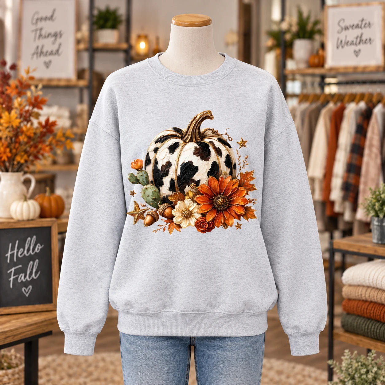 Cow Print Pumpkin Fall Shirt, Western Cactus Sunflower Autumn Sweatshirt and T-Shirt for Women