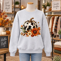 Cow Print Pumpkin Fall Shirt, Western Cactus Sunflower Autumn Sweatshirt and T-Shirt for Women
