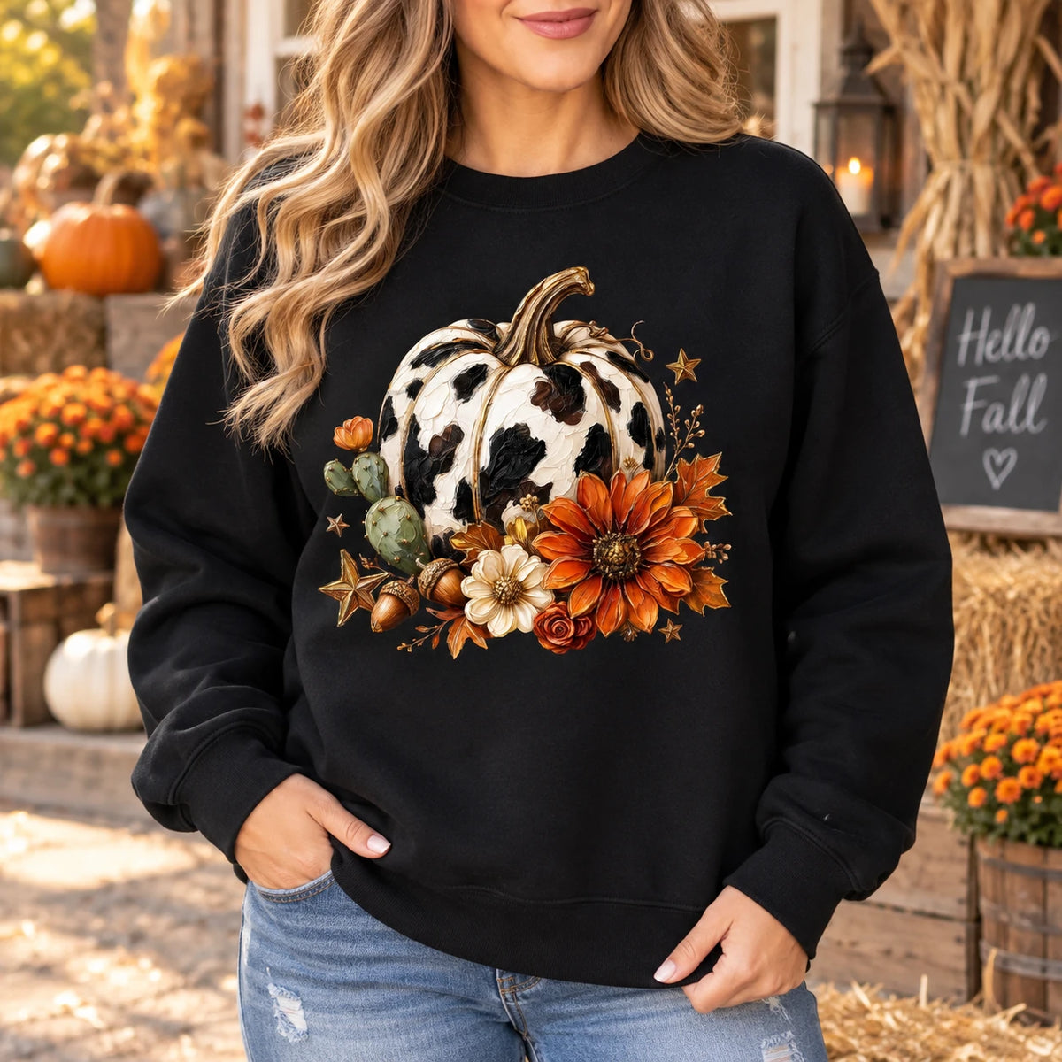 Cow Print Pumpkin Fall Shirt, Western Cactus Sunflower Autumn Sweatshirt and T-Shirt for Women
