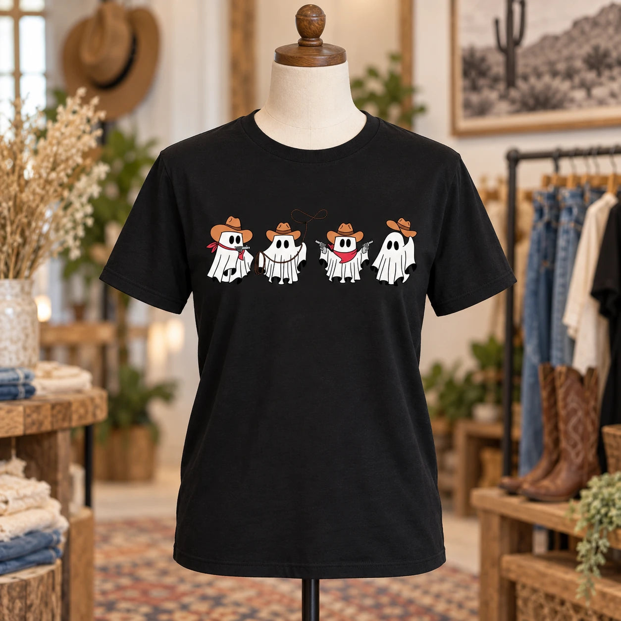 Cowboy Ghost Halloween Shirt Cute Western Spooky Season Graphic Tee for Women Fall Cowgirl Outfit