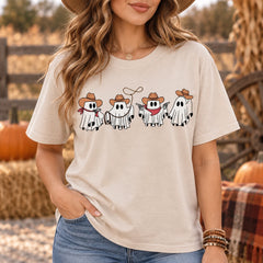 Cowboy Ghost Halloween Shirt Cute Western Spooky Season Graphic Tee for Women Fall Cowgirl Outfit