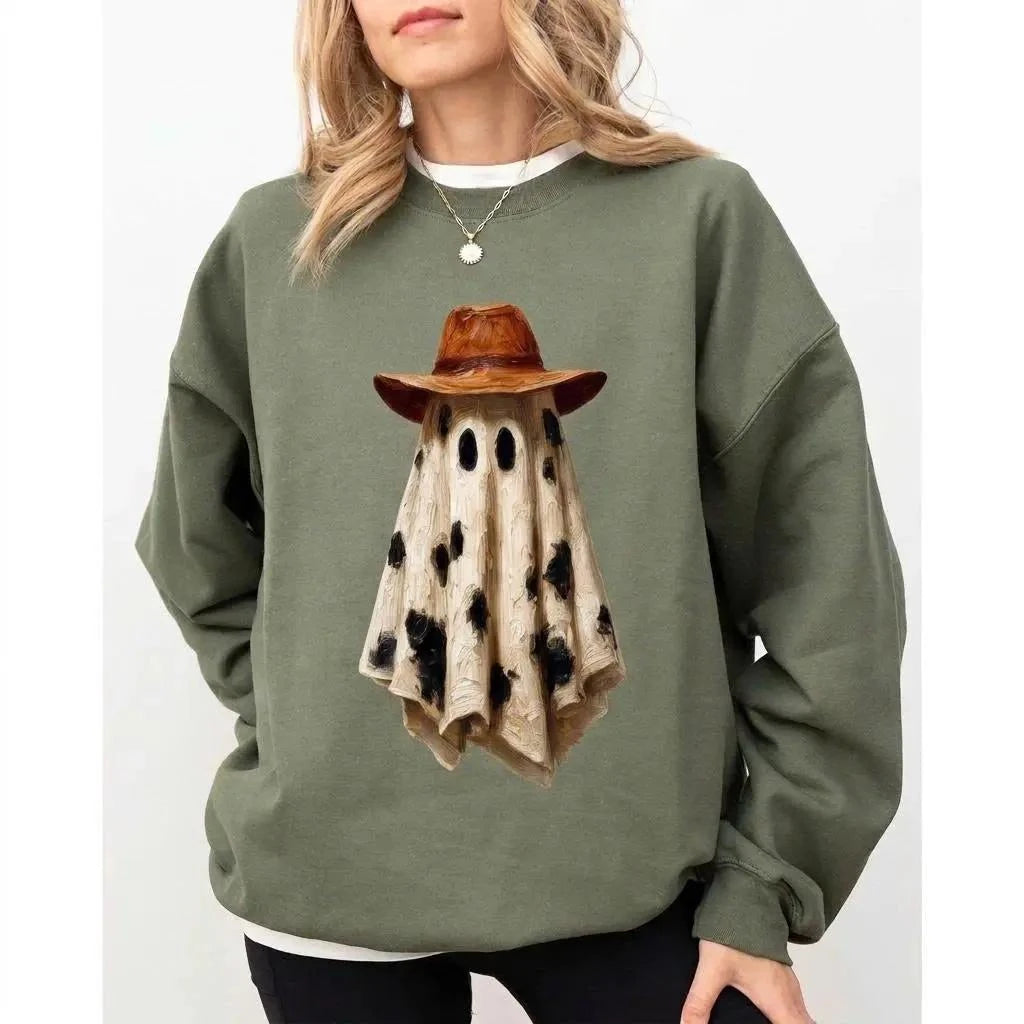 Cowboy Ghost T-Shirt Cowboy Hat Cow Print Western Halloween Unisex Rustic Fall Graphic